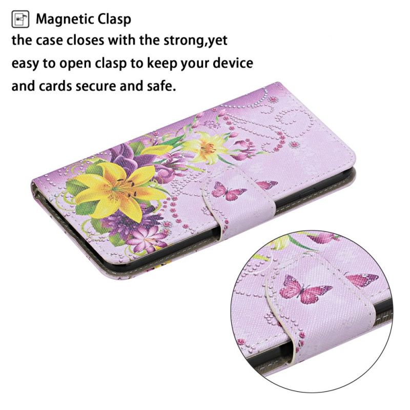 Leren Hoesje voor Xiaomi Redmi 9C Vlinders En Zuiderse Bloemen Met String