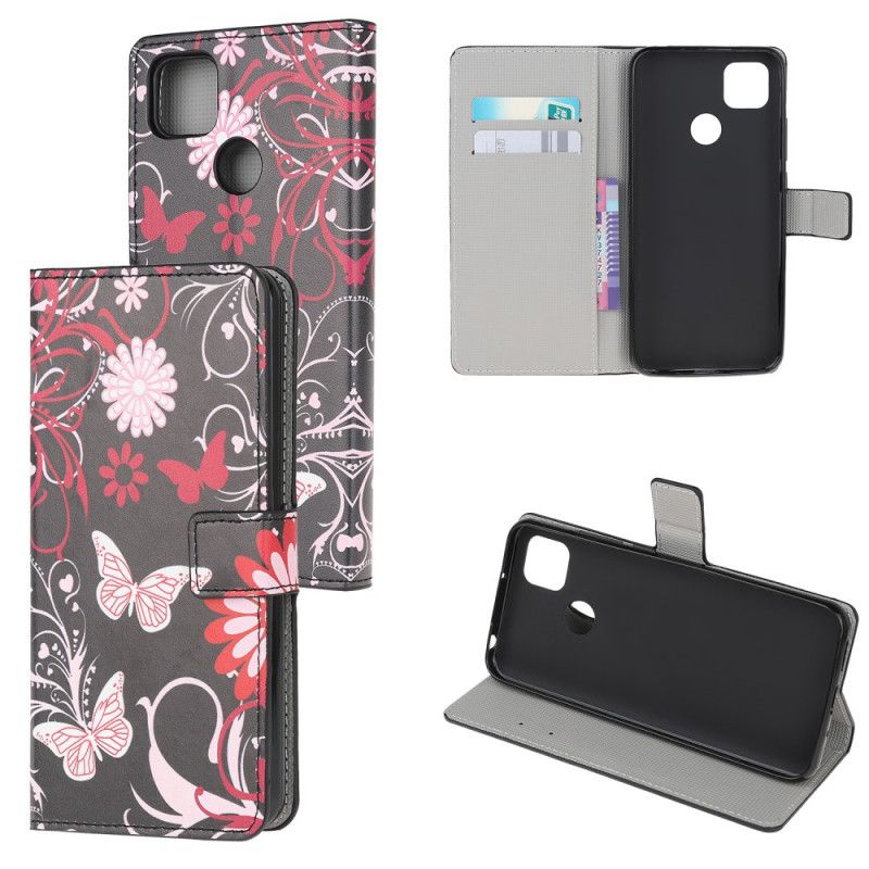 Leren Hoesje voor Xiaomi Redmi 9C Wit Zwart Vlinders En Bloemen