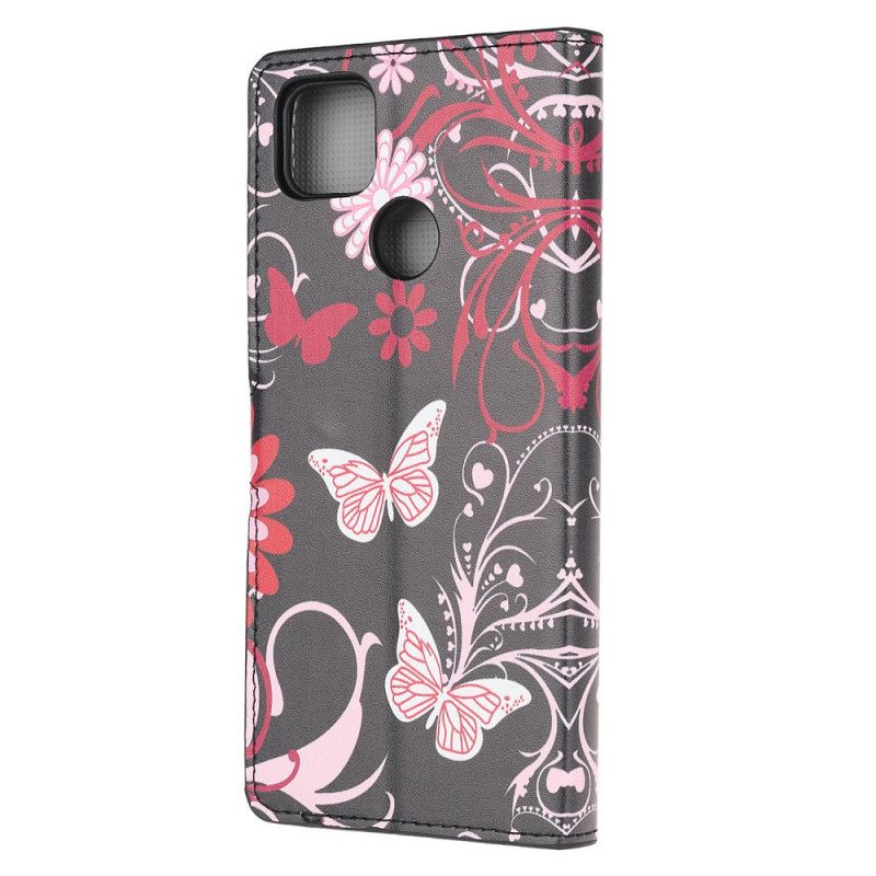 Leren Hoesje voor Xiaomi Redmi 9C Wit Zwart Vlinders En Bloemen