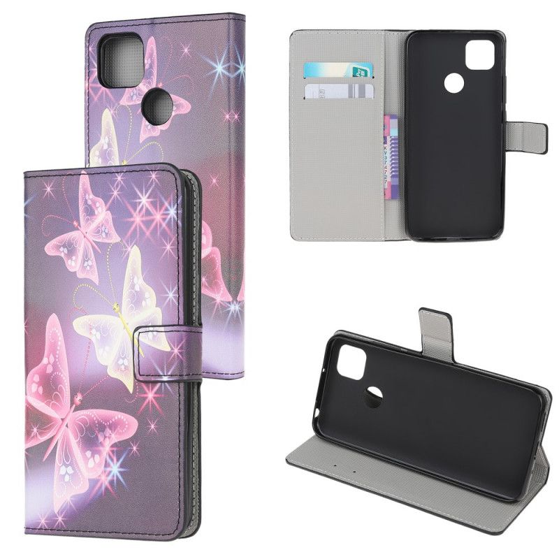 Leren Hoesje voor Xiaomi Redmi 9C Wit Zwart Vlinders En Bloemen