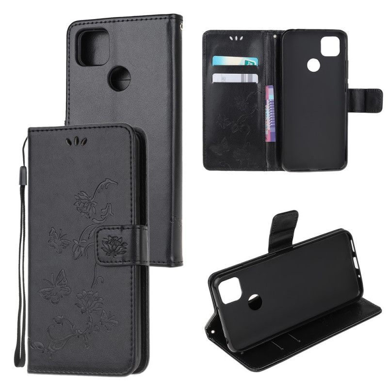 Leren Hoesje Xiaomi Redmi 9C Grijs Zwart Vlinders En Bloemen Uit Azië