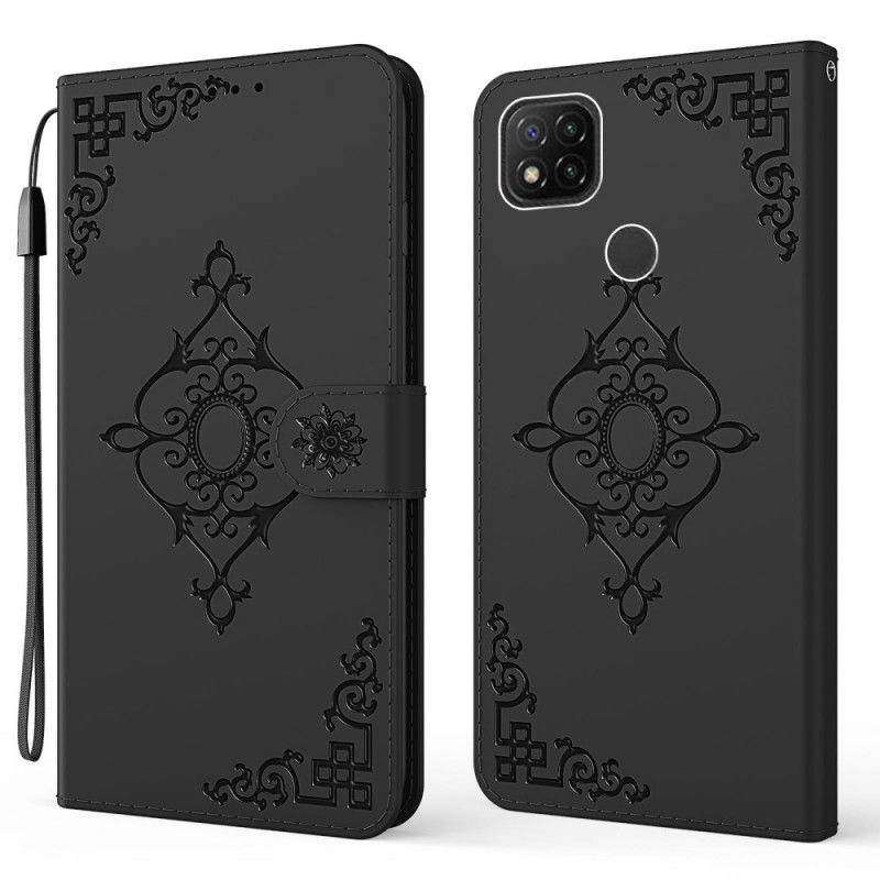 Leren Hoesje Xiaomi Redmi 9C Rood Zwart Barokke Bloem Met Riempje