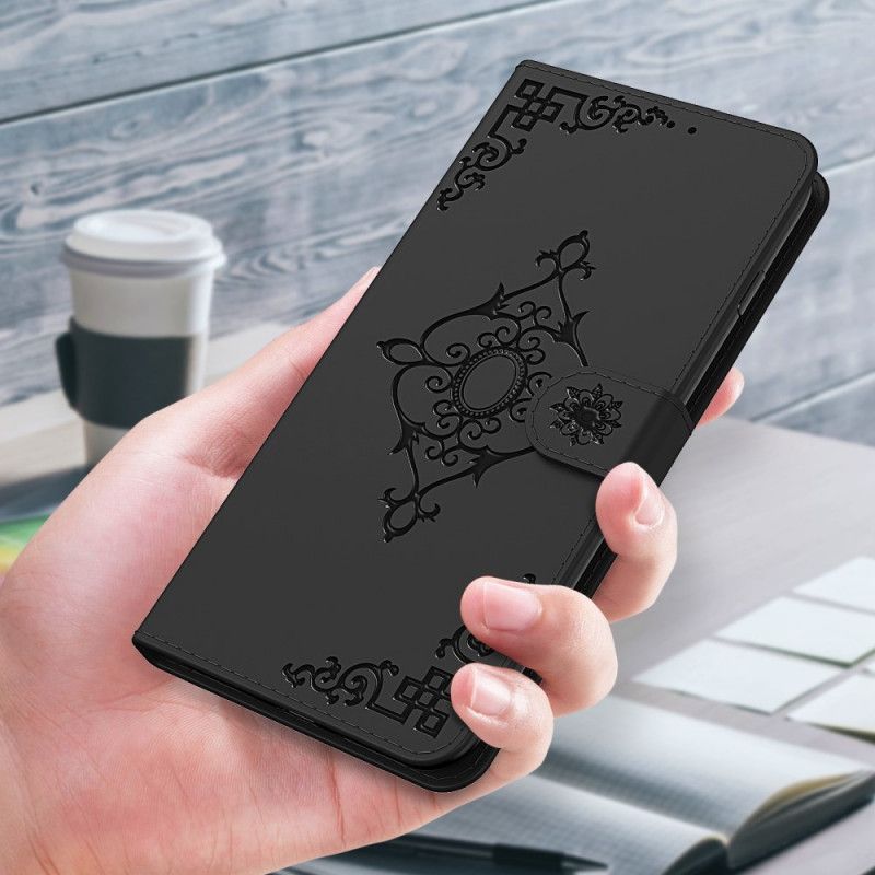 Leren Hoesje Xiaomi Redmi 9C Rood Zwart Barokke Bloem Met Riempje