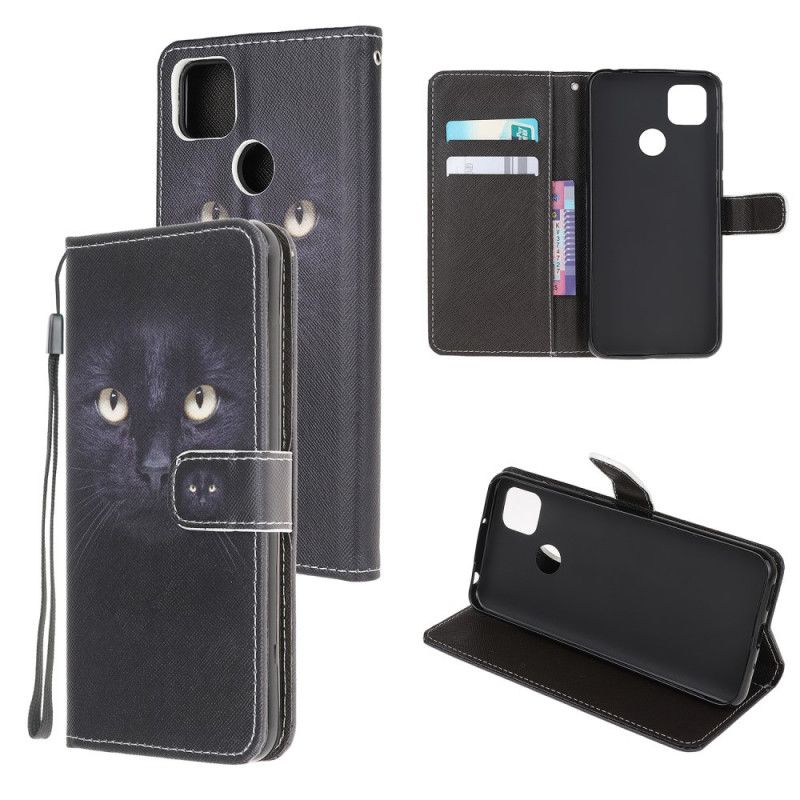Leren Hoesje Xiaomi Redmi 9C Telefoonhoesje Zwarte Kattenogen Met String