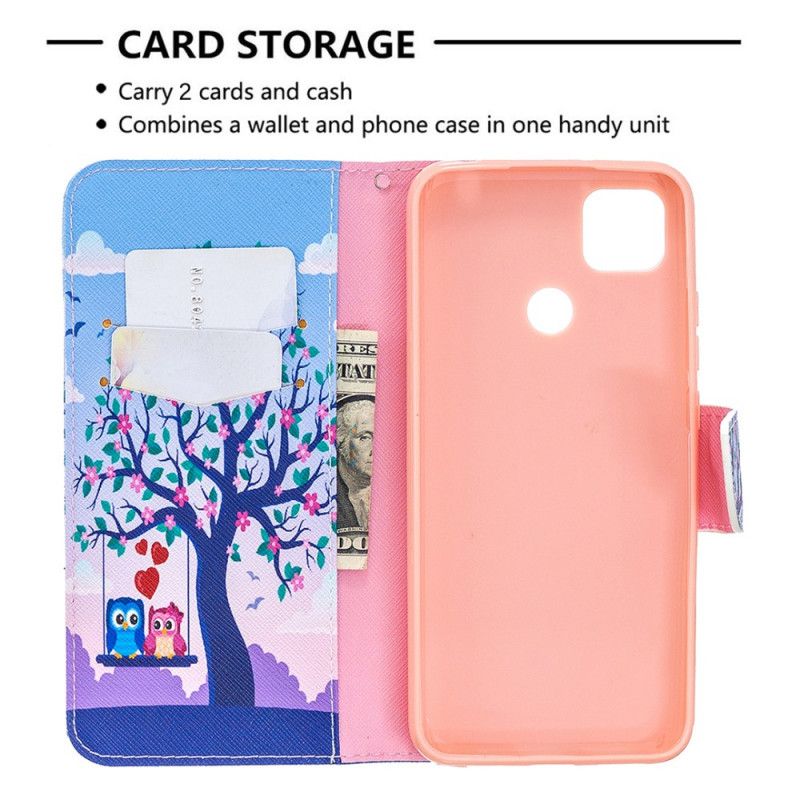 Leren Hoesje Xiaomi Redmi 9C Uilen Op De Schommel