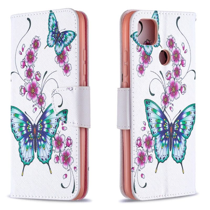 Leren Hoesje Xiaomi Redmi 9C Wit Zwart Telefoonhoesje Ongelooflijke Vlinders