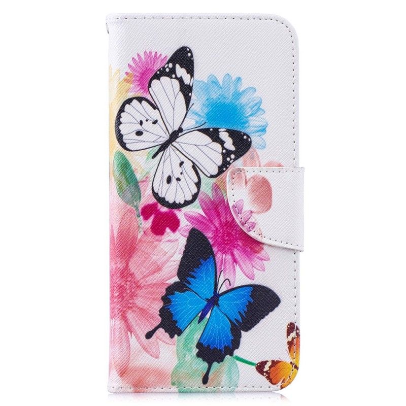 Bescherming Hoesje Xiaomi Redmi Note 7 Lichtblauw Magenta Geschilderde Vlinders En Bloemen