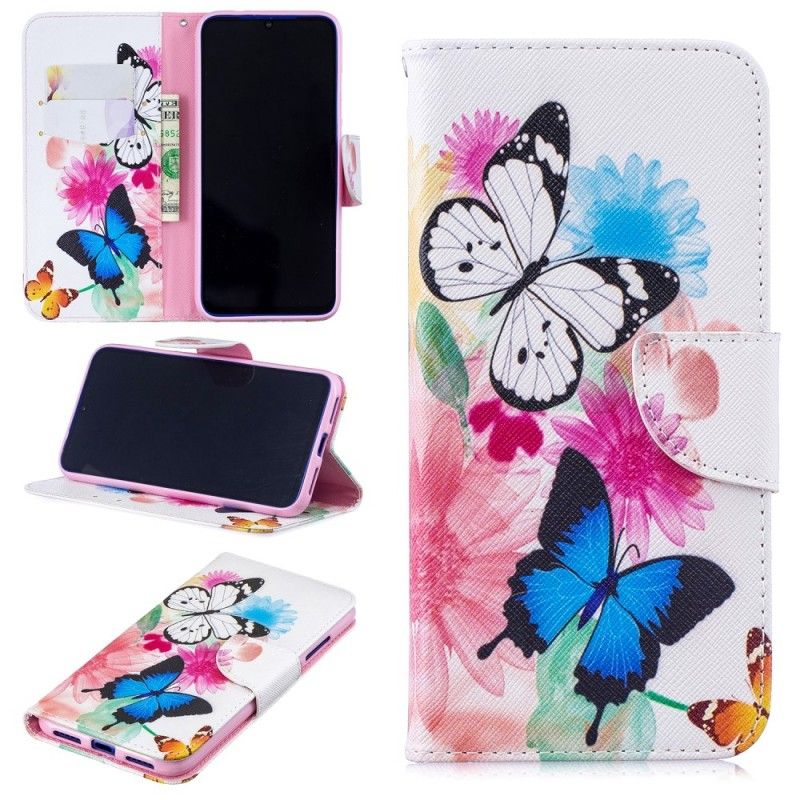 Bescherming Hoesje Xiaomi Redmi Note 7 Lichtblauw Magenta Geschilderde Vlinders En Bloemen