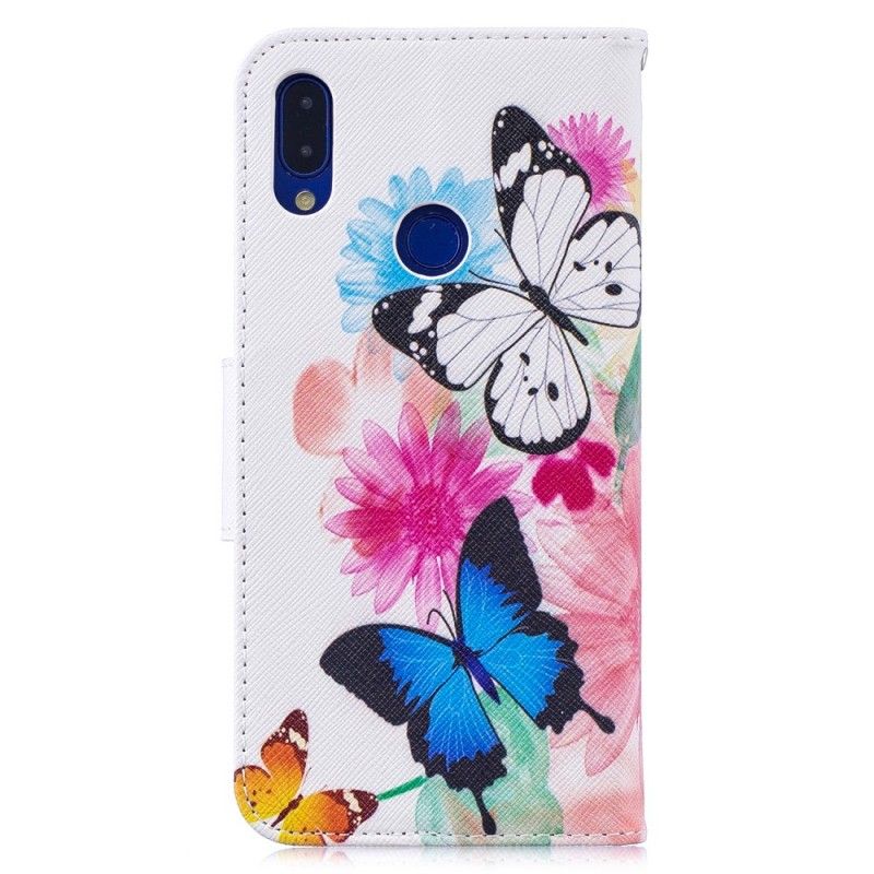 Bescherming Hoesje Xiaomi Redmi Note 7 Lichtblauw Magenta Geschilderde Vlinders En Bloemen