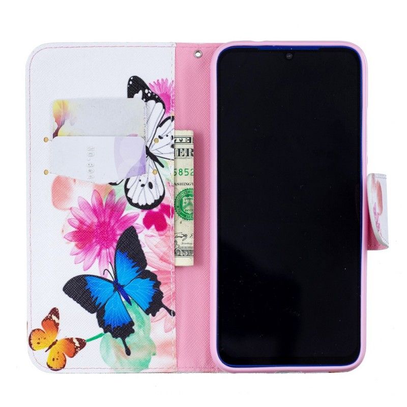 Bescherming Hoesje Xiaomi Redmi Note 7 Lichtblauw Magenta Geschilderde Vlinders En Bloemen
