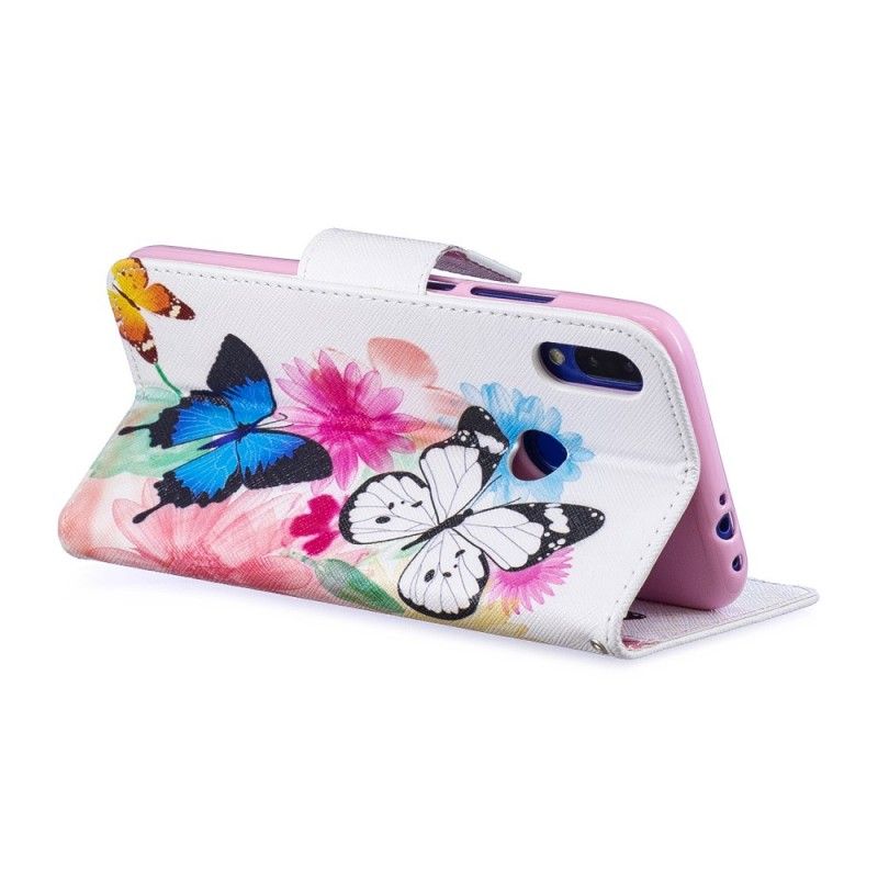 Bescherming Hoesje Xiaomi Redmi Note 7 Lichtblauw Magenta Geschilderde Vlinders En Bloemen