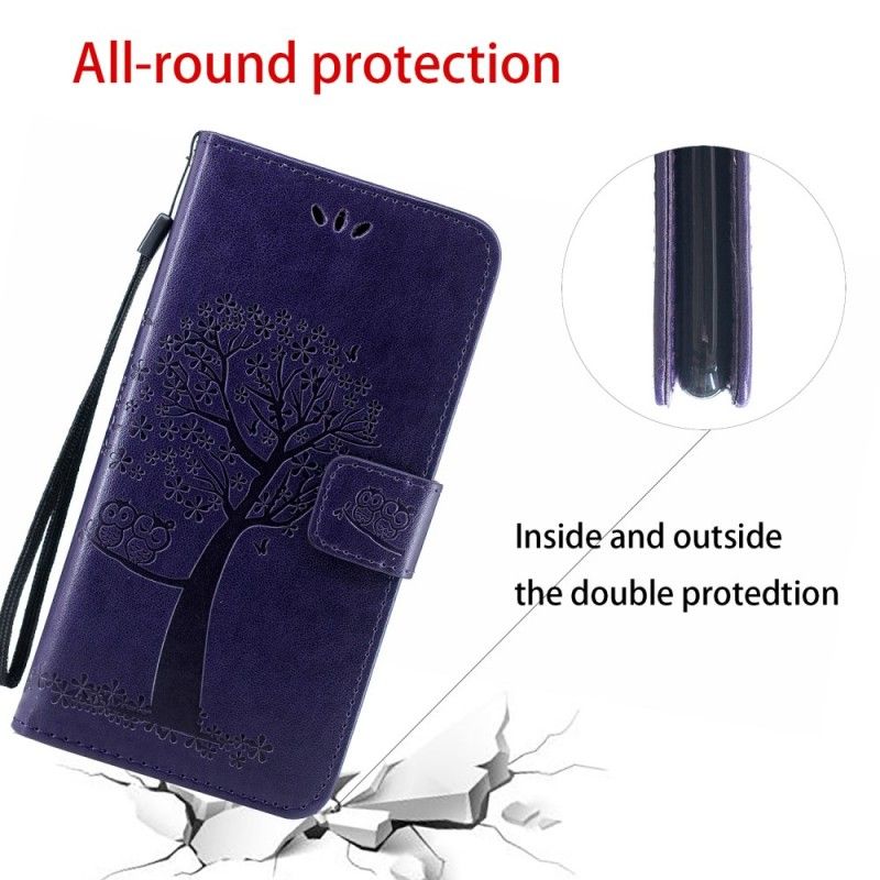 Leren Hoesje voor Xiaomi Redmi Note 7 Roze Grijs Boom En String Uilen