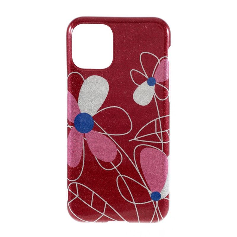 Case Hoesje iPhone 11 Pro Max Lichtblauw Rood Telefoonhoesje Bloemen Glitter