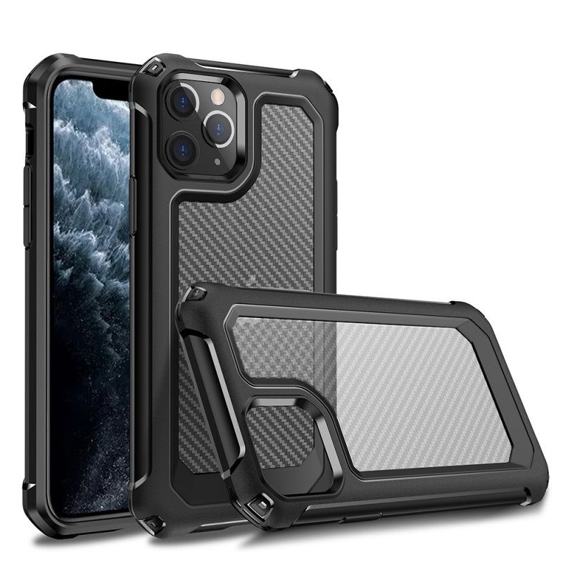 Hoesje voor iPhone 11 Pro Max Rood Zwart Transparante Koolstofvezeltextuur
