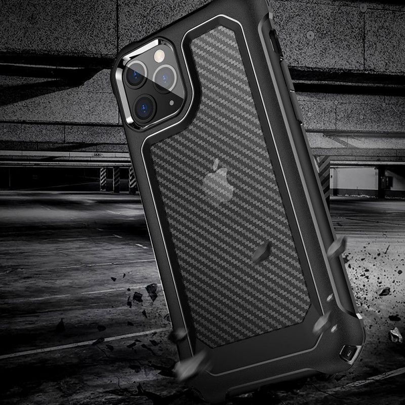 Hoesje voor iPhone 11 Pro Max Rood Zwart Transparante Koolstofvezeltextuur
