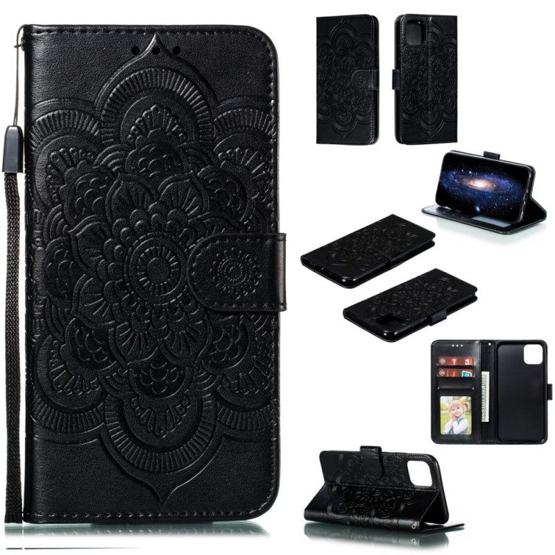 Leren Hoesje iPhone 11 Pro Max Grijs Zwart Hele Mandala Met String