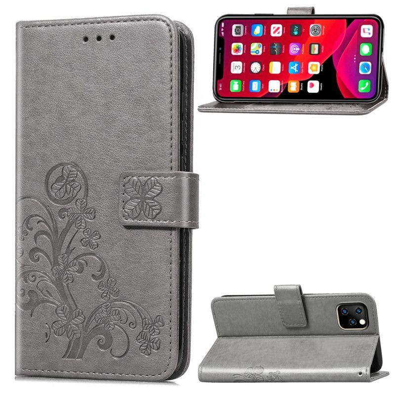 Leren Hoesje voor iPhone 11 Pro Max Grijs Zwart Klavertje Vier