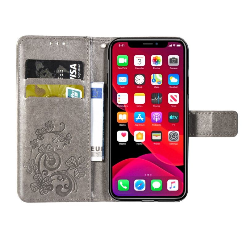 Leren Hoesje voor iPhone 11 Pro Max Grijs Zwart Klavertje Vier