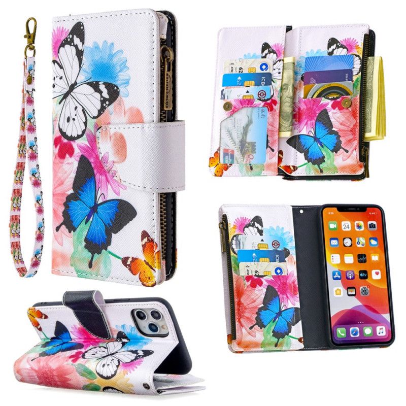 Leren Hoesje voor iPhone 11 Pro Max Wit Zwart Vlindervak Met Ritssluiting