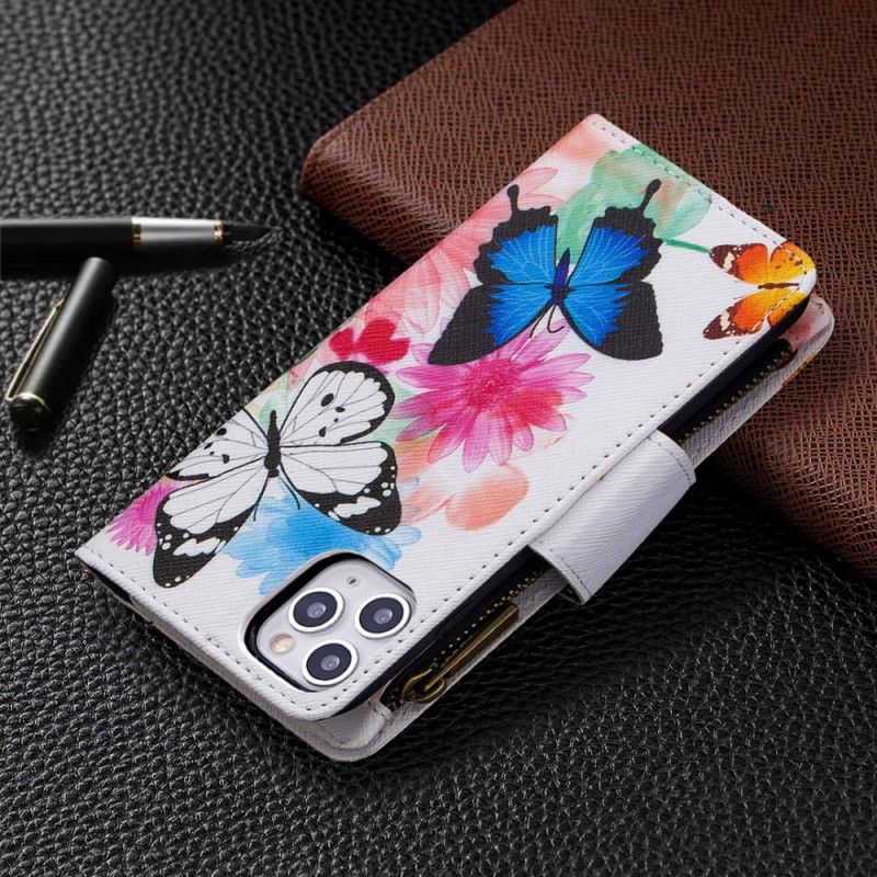 Leren Hoesje voor iPhone 11 Pro Max Wit Zwart Vlindervak Met Ritssluiting