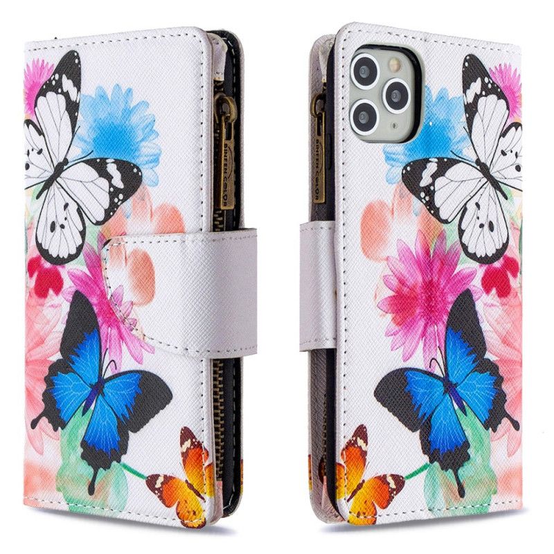 Leren Hoesje voor iPhone 11 Pro Max Wit Zwart Vlindervak Met Ritssluiting