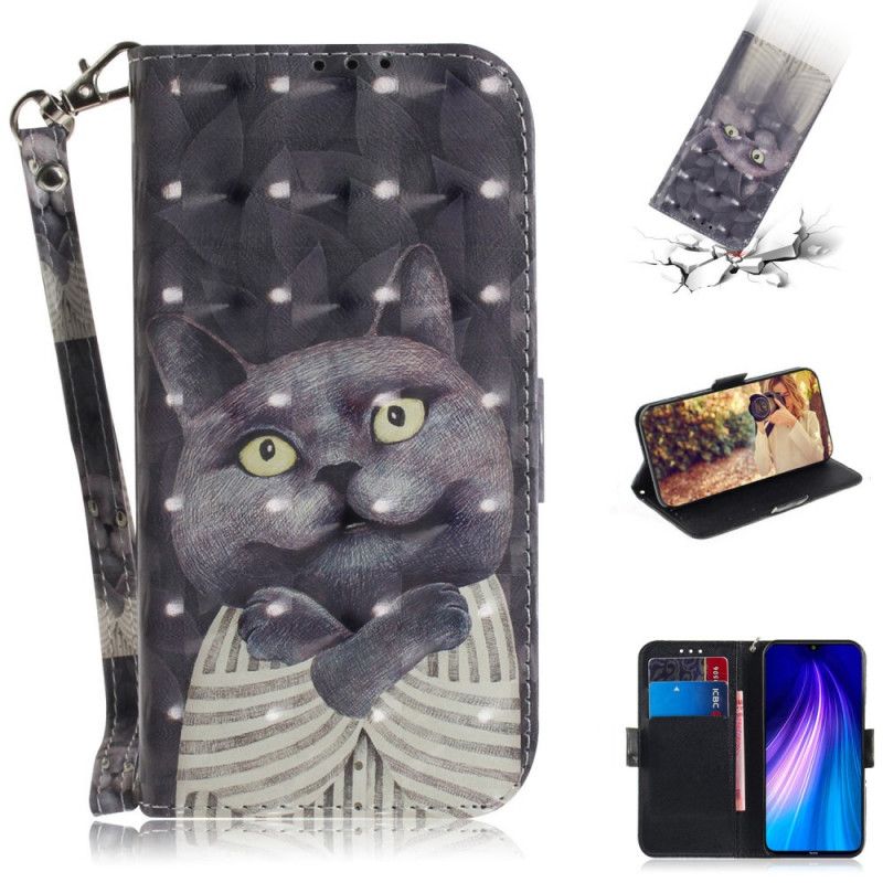 Flip Case Leren Xiaomi Redmi Note 8 Grijze Kat Met String