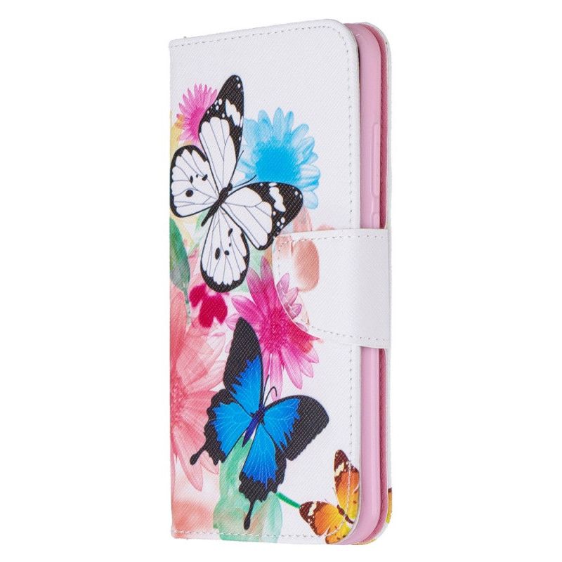 Flip Case Leren Xiaomi Redmi Note 8 Lichtblauw Magenta Geschilderde Vlinders En Bloemen