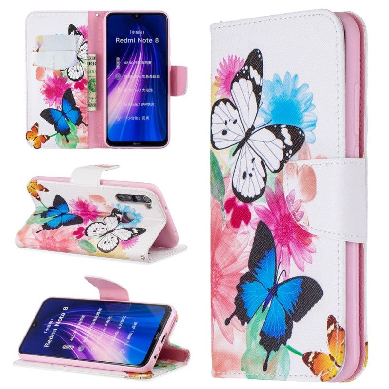 Flip Case Leren Xiaomi Redmi Note 8 Lichtblauw Magenta Geschilderde Vlinders En Bloemen