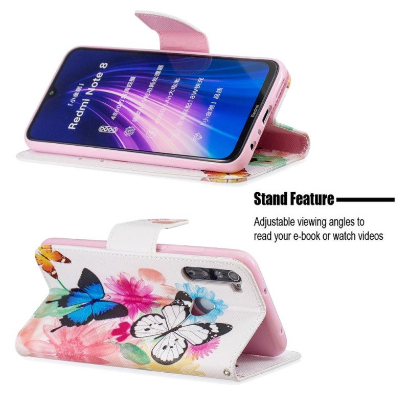 Flip Case Leren Xiaomi Redmi Note 8 Lichtblauw Magenta Geschilderde Vlinders En Bloemen