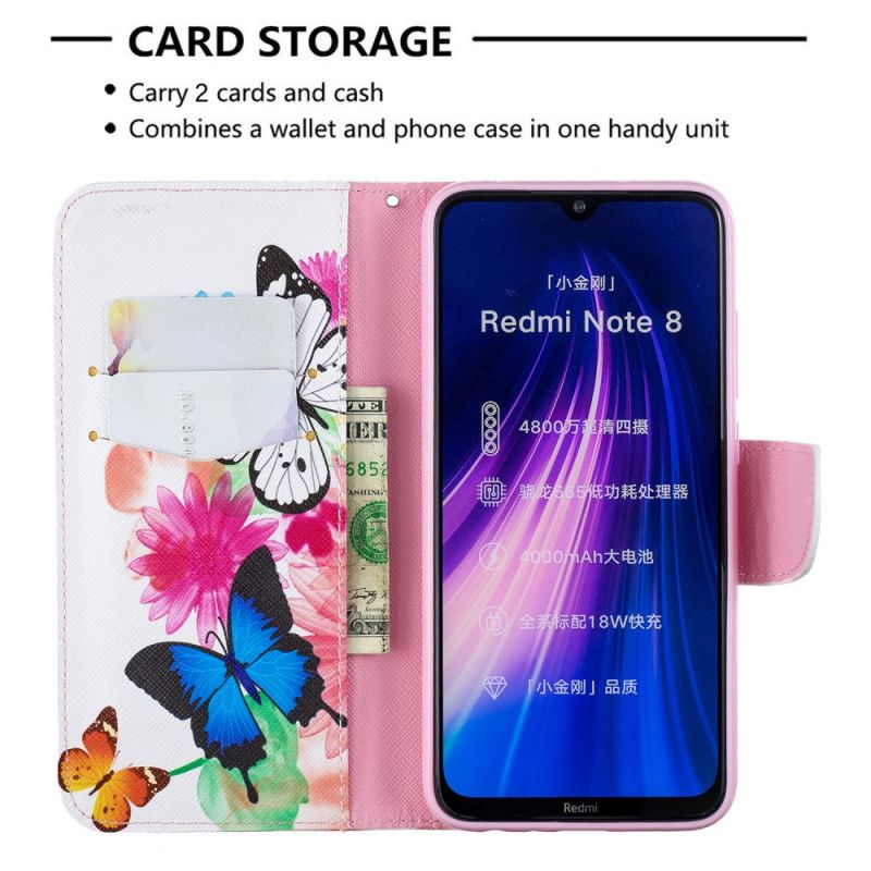 Flip Case Leren Xiaomi Redmi Note 8 Lichtblauw Magenta Geschilderde Vlinders En Bloemen
