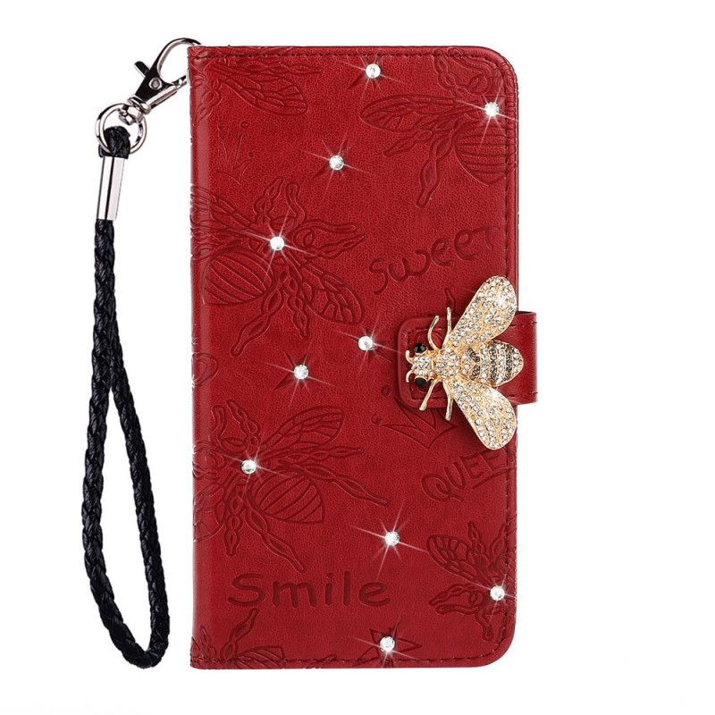 Flip Case Leren Xiaomi Redmi Note 8 Rood Grijs Bijen Charme Glimlach