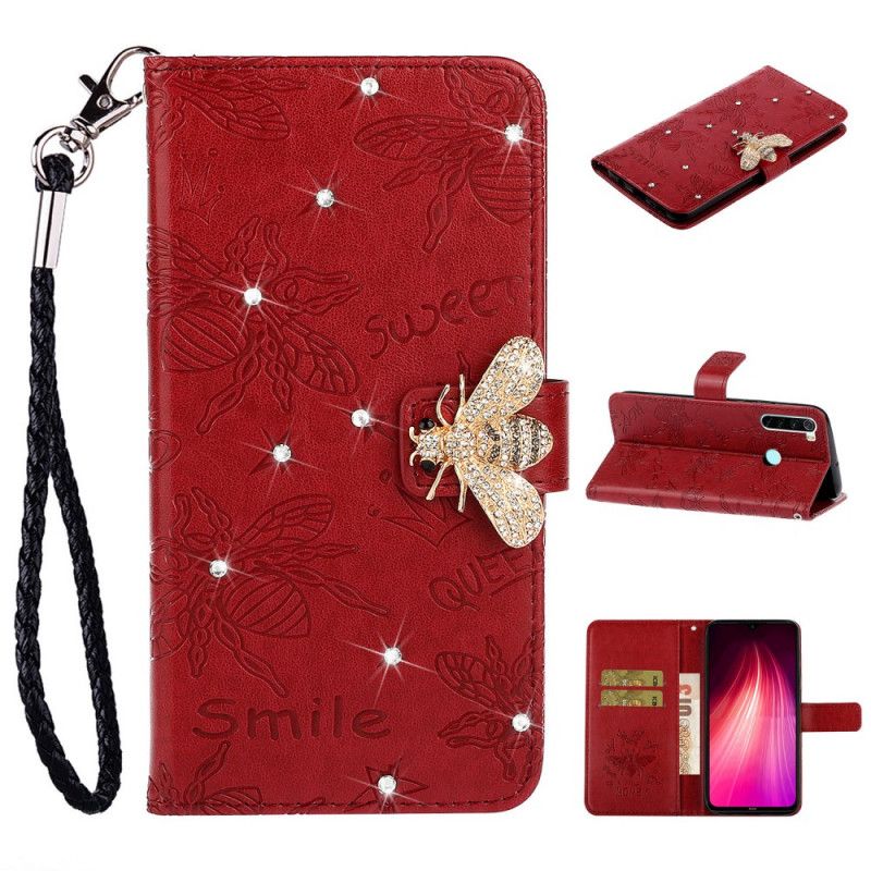 Flip Case Leren Xiaomi Redmi Note 8 Rood Grijs Bijen Charme Glimlach