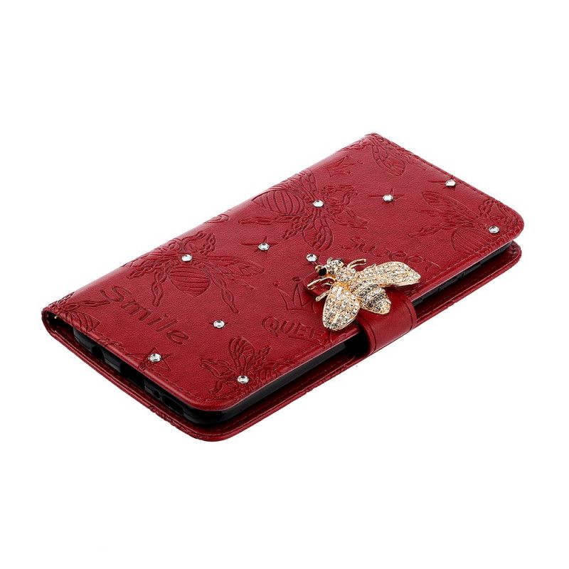Flip Case Leren Xiaomi Redmi Note 8 Rood Grijs Bijen Charme Glimlach