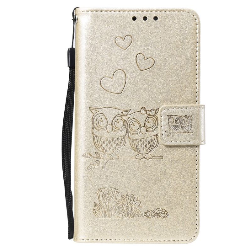 Leren Hoesje voor Xiaomi Redmi Note 8 Magenta Grijs Uilen Verliefd Op String