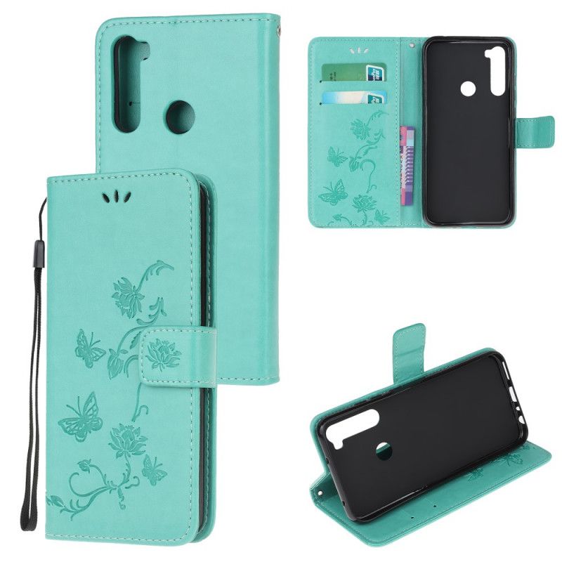 Leren Hoesje voor Xiaomi Redmi Note 8 Rood Grijs Vlinders En Bloemen Van Azië