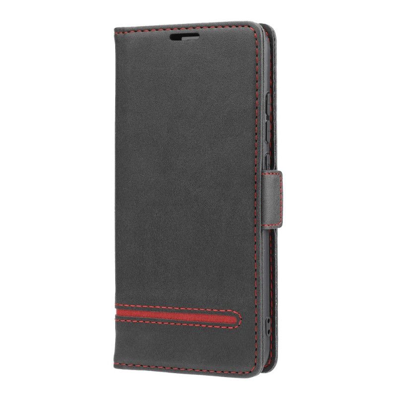 Leren Hoesje voor Xiaomi Redmi Note 8 Rood Zwart Fijne Lijn Dubbele Flap