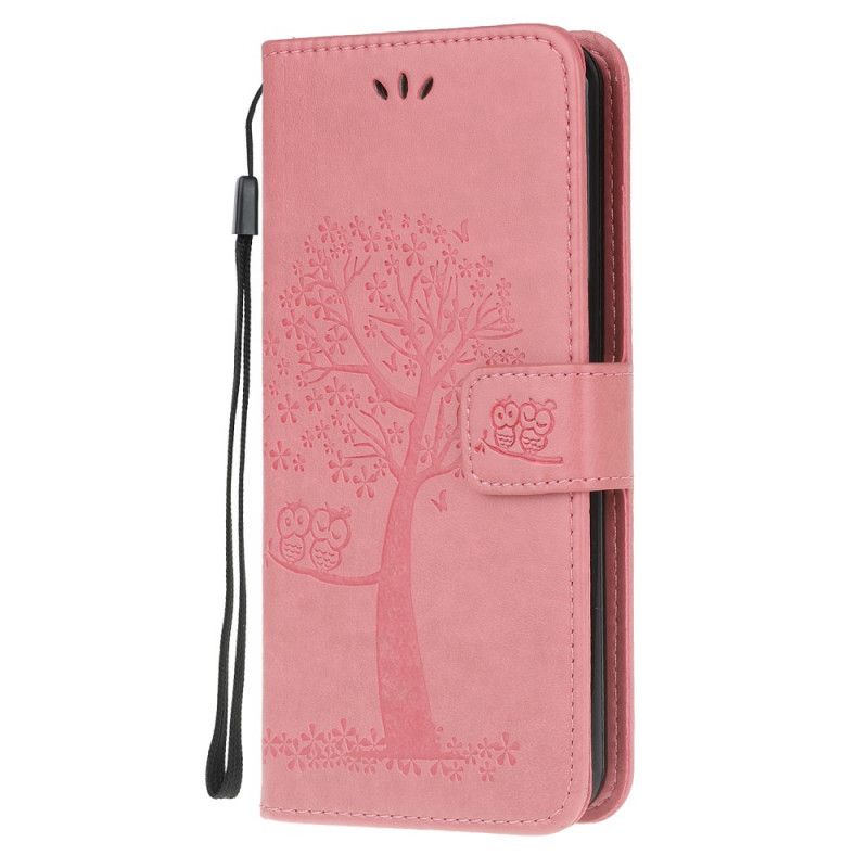 Leren Hoesje Xiaomi Redmi Note 8 Lichtblauw Roze Boom En String Uilen