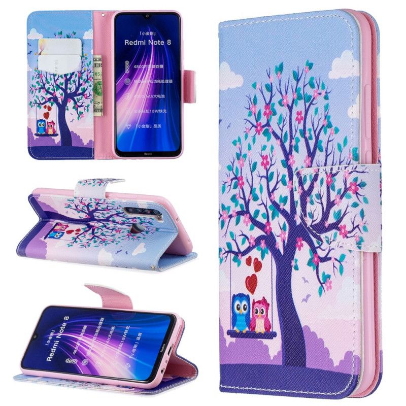 Leren Hoesje Xiaomi Redmi Note 8 Uilen Op De Schommel