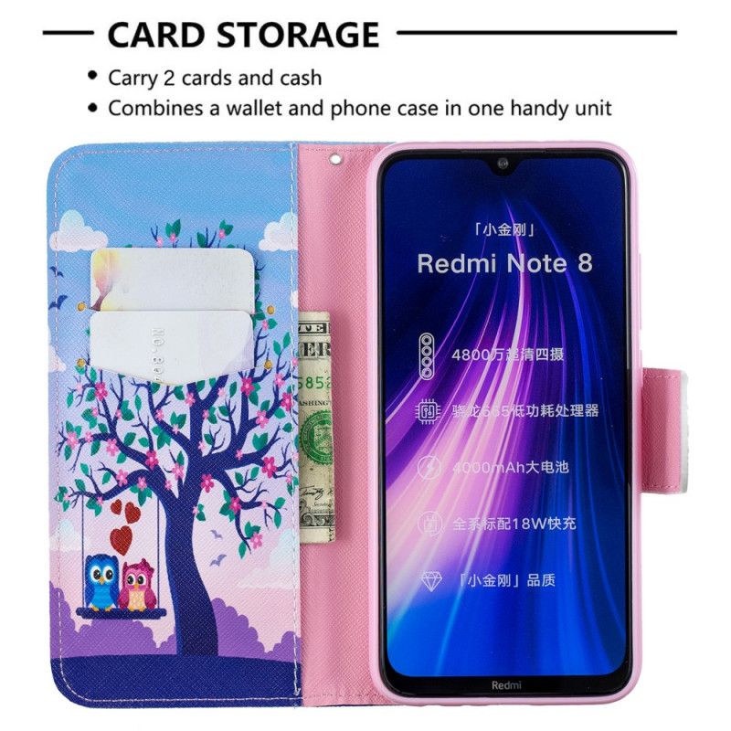 Leren Hoesje Xiaomi Redmi Note 8 Uilen Op De Schommel