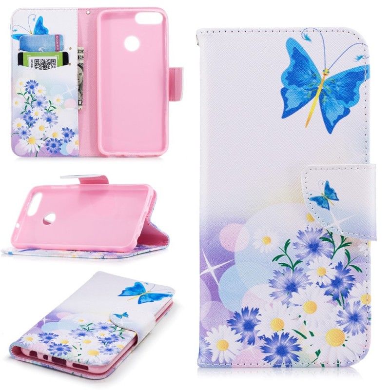 Flip Case Leren Huawei P Smart Geschilderde Vlinders En Bloemen