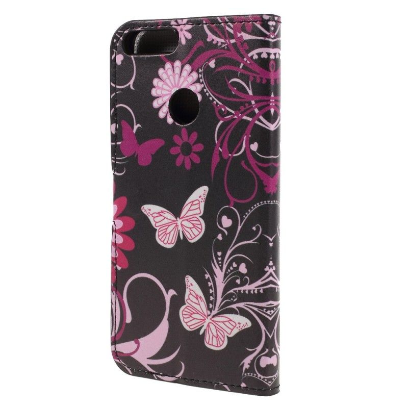 Leren Hoesje Huawei P Smart Paars Wit Telefoonhoesje Vlinders En Bloemen