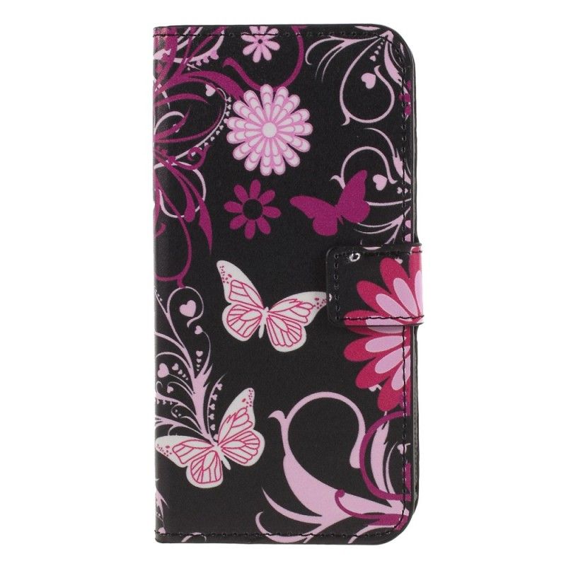 Leren Hoesje Huawei P Smart Paars Wit Telefoonhoesje Vlinders En Bloemen