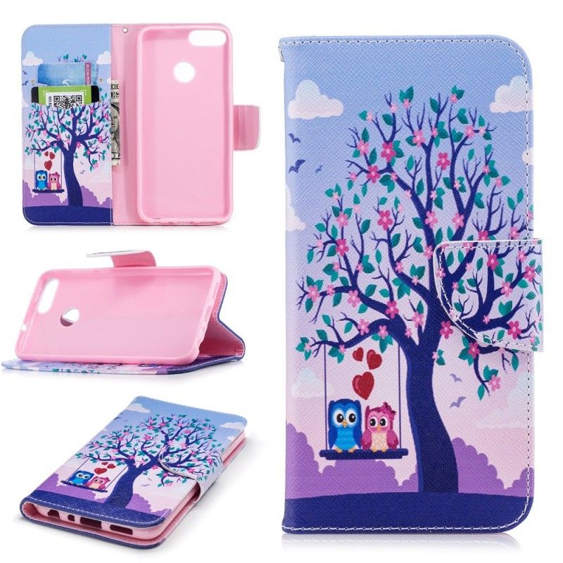Leren Hoesje voor Huawei P Smart Uilen Op De Schommel