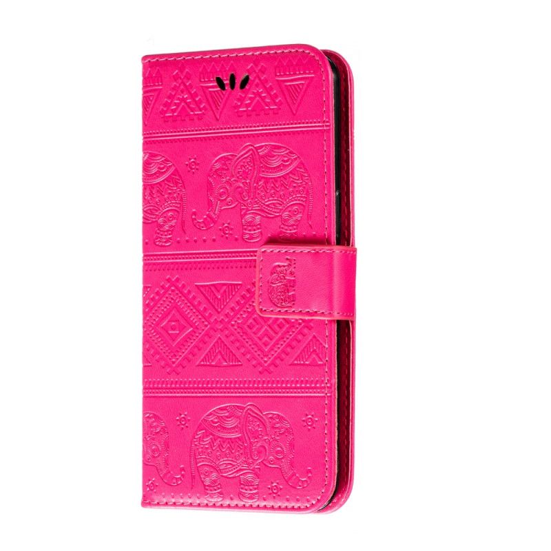 Flip Case Leren Samsung Galaxy A10s Donkerblauw Magenta Kunstleer Tribale Olifanten