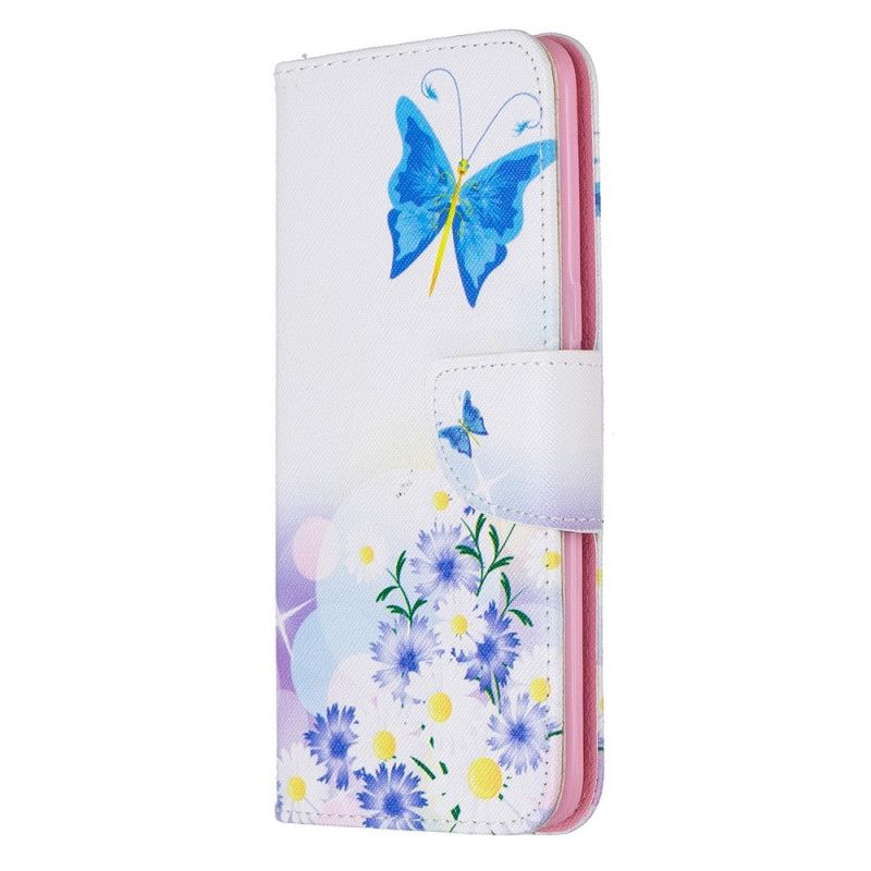 Leren Hoesje Samsung Galaxy A10s Lichtblauw Magenta Geschilderde Vlinders En Bloemen