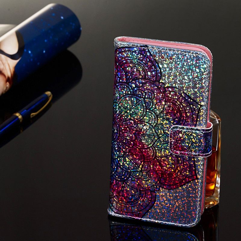 Leren Hoesje Samsung Galaxy A10s Mandala Op Glitterachtergrond