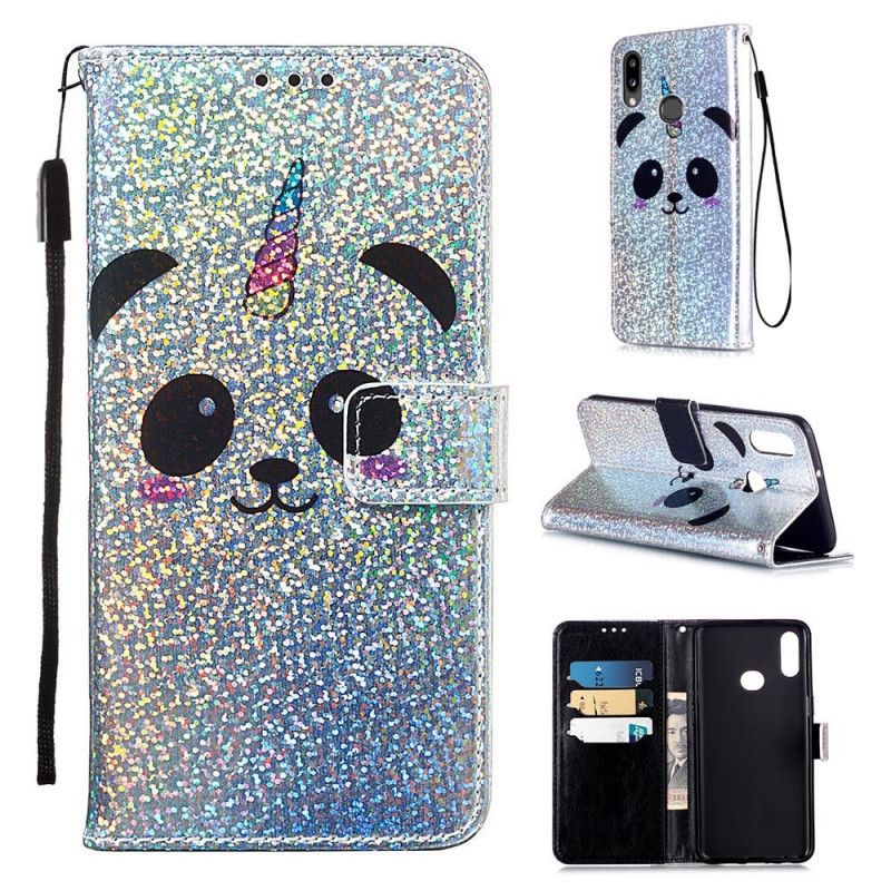 Leren Hoesje Samsung Galaxy A10s Panda Op Glitter Achtergrond