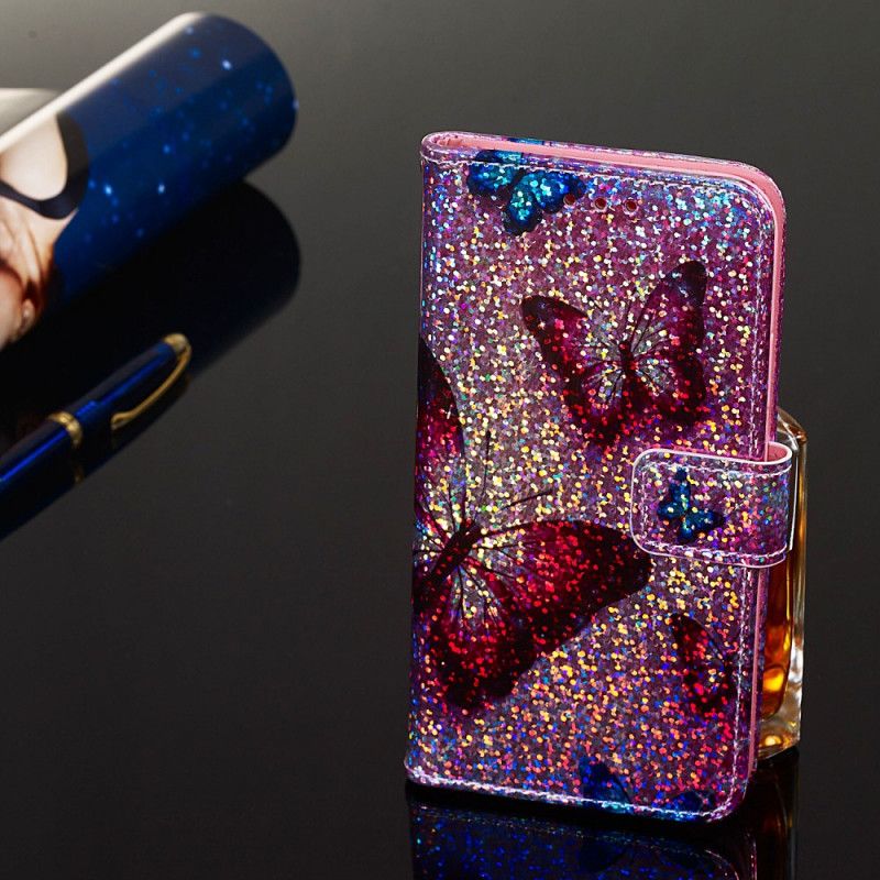 Leren Hoesje Samsung Galaxy A10s Vlinders Op Een Glitterachtergrond