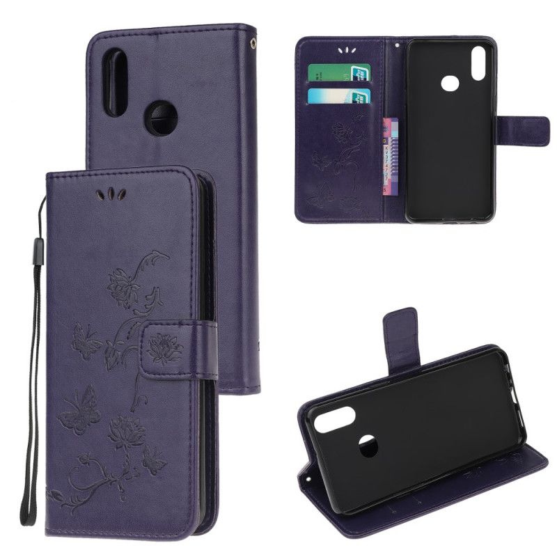 Leren Hoesje voor Samsung Galaxy A10s Paars Lichtblauw Vlinders En Stringbloemen