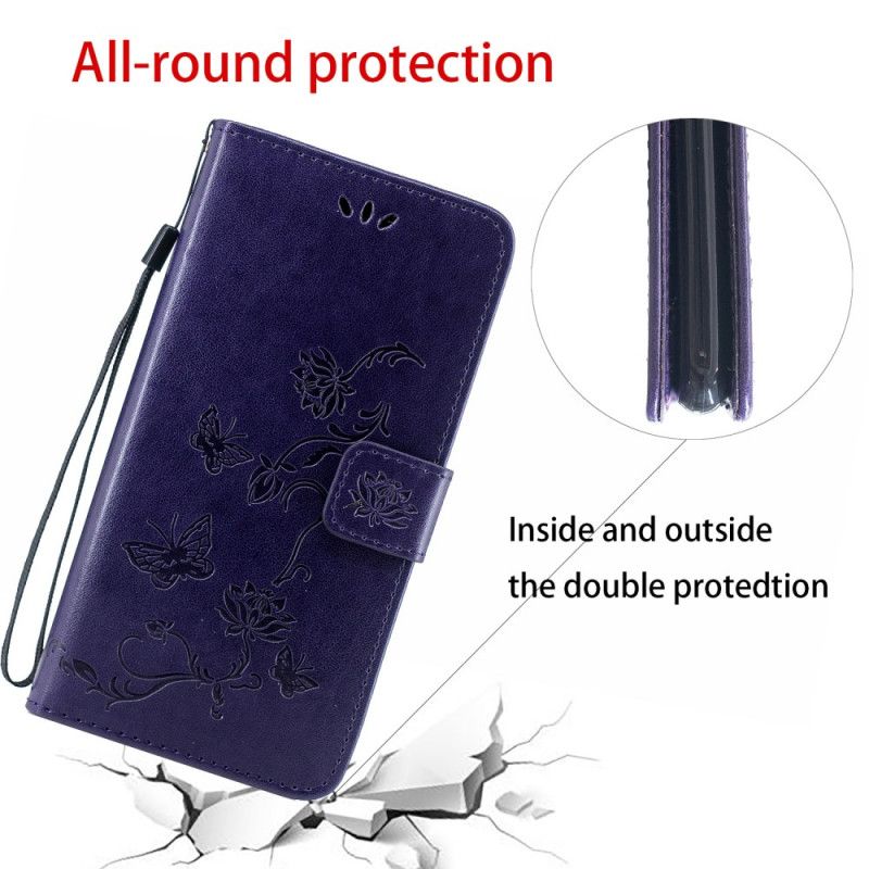 Leren Hoesje voor Samsung Galaxy A10s Paars Lichtblauw Vlinders En Stringbloemen